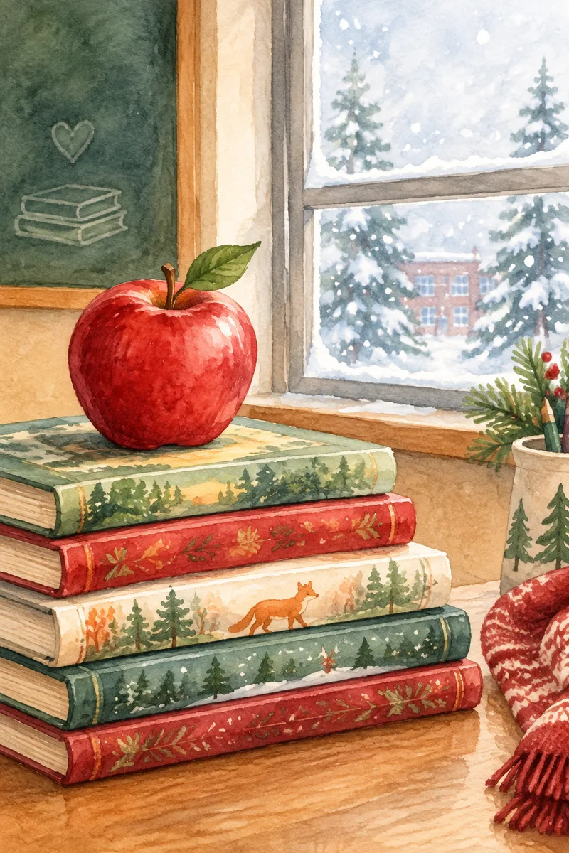 Watercolor of a red apple on a stack of holiday picture books beside a snowy classroom window